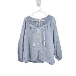Joie Women's 100% Linen Embroidered Blouse Baby Blue Sz M